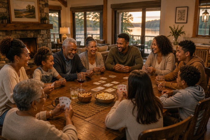 A family gathered around the table at the lake house