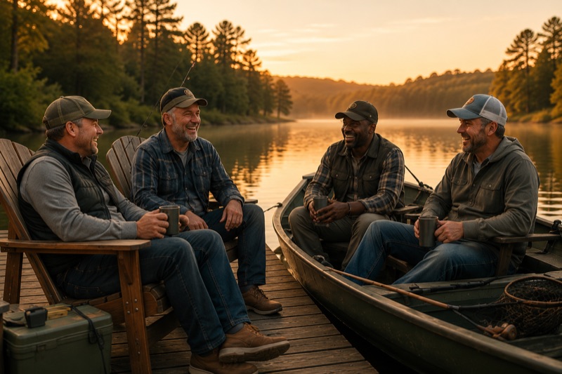 Friends relaxing by a lake on a fishing trip