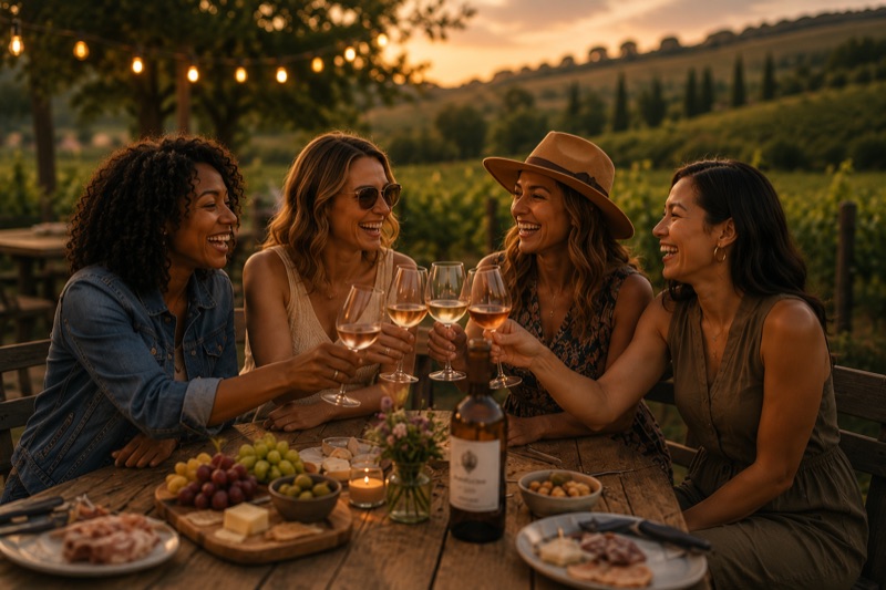 Friends toasting wine at a vineyard at golden hour